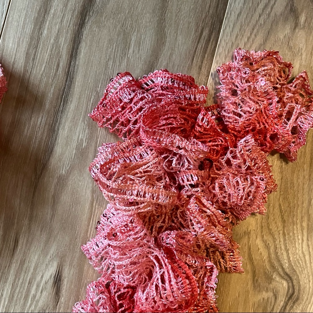 New Handmade Crochet Coral Colored Sequined Twirly Scarf 76” Long - Picture 7 of 14